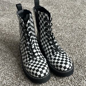 Checkered Black and White Lace-Up Boots